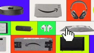 Colorful grid collage featuring Amazon boxes, electronics like headphones and e-readers, and a cursor.