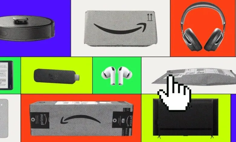 Colorful grid collage featuring Amazon boxes, electronics like headphones and e-readers, and a cursor.