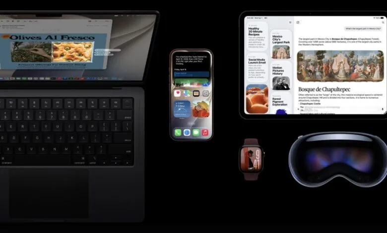 An assortment of Apple devices including a MacBook, iPhone, iPad, Apple Watch, and Vision Pro.