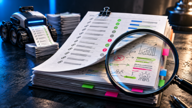 Magnifying glass inspecting SEO audit documents and checklists with a small printer on a desk.