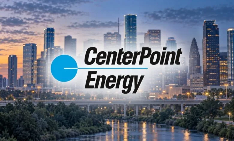 CenterPoint Energy logo overlaid on a vibrant Houston skyline at sunrise with a river in the foreground
