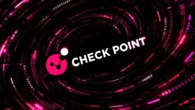 Check Point logo set against a swirling vortex of glowing pink digital binary code and data.