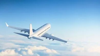 A white commercial airplane soaring through a clear blue sky above a fluffy sea of white clouds.