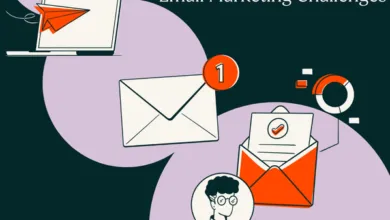 Graphic illustration about email marketing challenges with laptop, envelopes, and analytics chart.