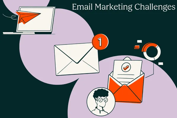 Graphic illustration about email marketing challenges with laptop, envelopes, and analytics chart.