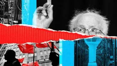 Collage featuring Senator Bernie Sanders, red protest flags, and server racks split by torn paper