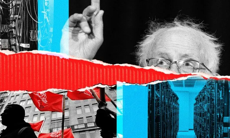 Collage featuring Senator Bernie Sanders, red protest flags, and server racks split by torn paper
