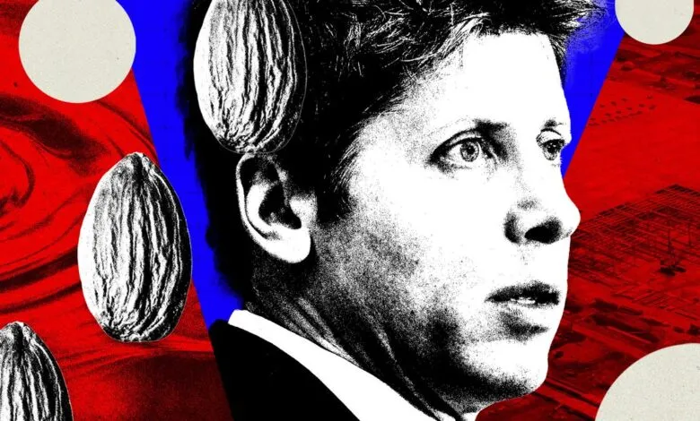 Stylized high-contrast graphic of Sam Altman surrounded by red, blue, and almond shapes