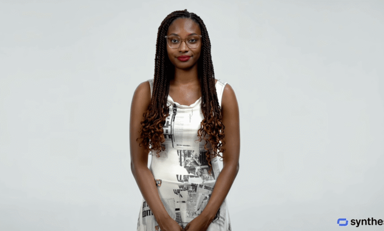 A Black woman with braided hair and glasses wearing a patterned dress stands against a light grey background.