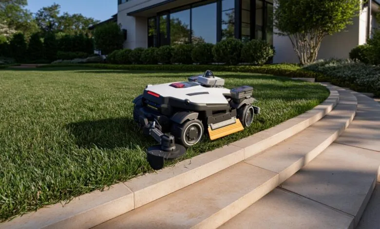 Robotic lawn mower with edge-trimming accessory operating on green grass near stone steps.