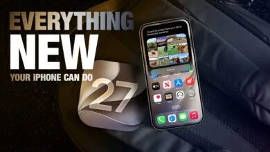 iPhone displaying new features next to an iOS 27 logo on a dark textured surface.