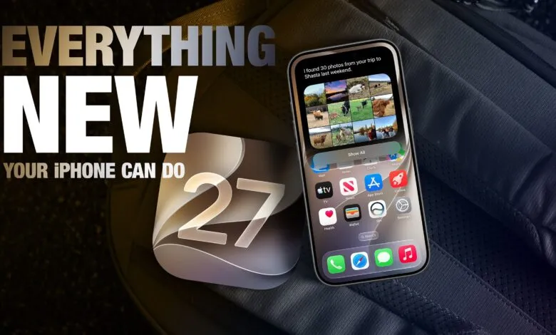 iPhone displaying new features next to an iOS 27 logo on a dark textured surface.