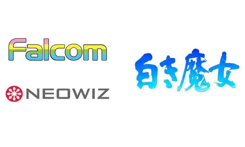 Falcom and Neowiz company logos next to blue Japanese text on a white background.