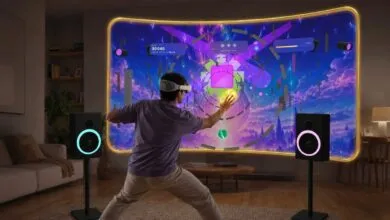 A person wearing a VR headset plays an immersive rhythm game in a modern living room setup.