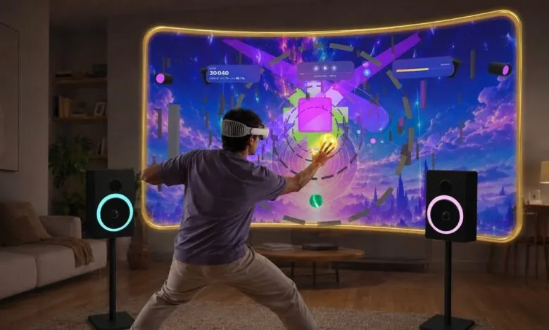 A person wearing a VR headset plays an immersive rhythm game in a modern living room setup.