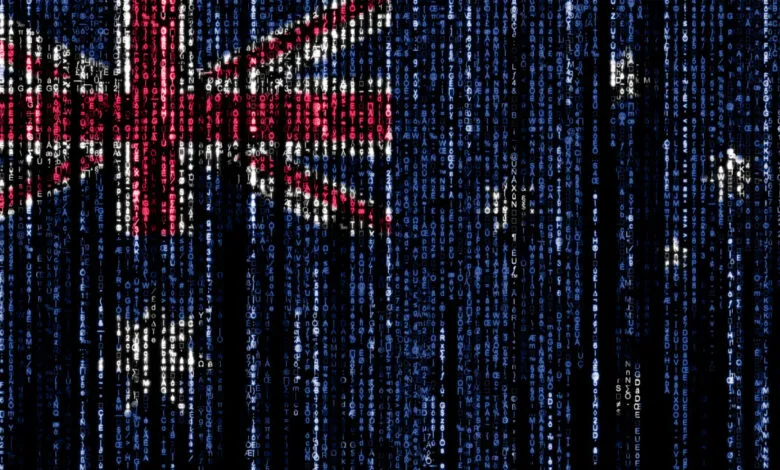Australian flag rendered with vertical streams of falling digital code and binary data.