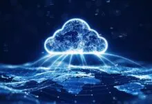 Glowing digital cloud connected to a global network map on a dark blue background.