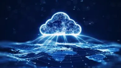 Glowing digital cloud connected to a global network map on a dark blue background.