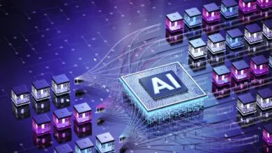 Futuristic microchip processor with glowing AI text connected by glowing data streams on a circuit board.