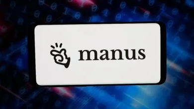 Smartphone displaying the Manus logo on a white screen against a blue digital background.