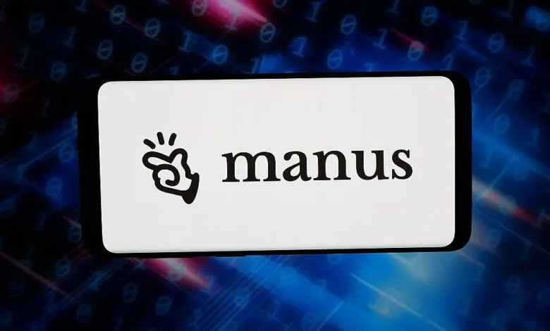 Smartphone displaying the Manus logo on a white screen against a blue digital background.