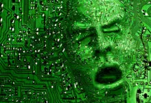 A human face seamlessly merges with a vibrant green electronic circuit board.