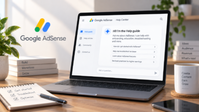 Laptop displaying Google AdSense Help Center on a wooden desk with a notebook and coffee mug.
