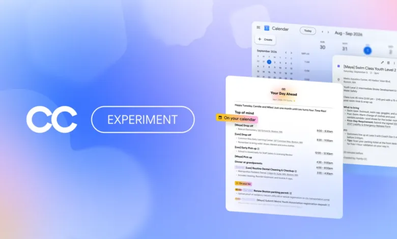 A digital experiment interface featuring a calendar app and daily agenda against a blue gradient background