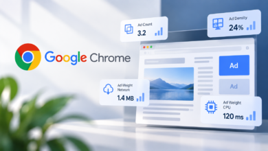 Google Chrome logo beside a browser window displaying ad analytics metrics on floating cards.