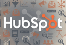 HubSpot logo set against a background of marketing icons and charts in grey and orange tones.