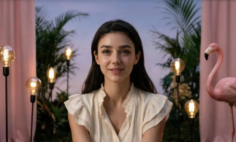 Portrait of AI actress Tilly Norwood smiling amidst tropical plants and glowing lightbulbs.