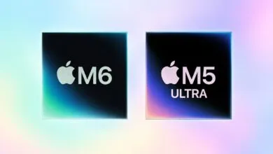 Two black square Apple M6 and M5 Ultra processor chips against a pastel gradient background.