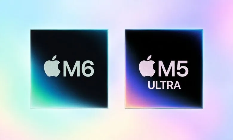 Two black square Apple M6 and M5 Ultra processor chips against a pastel gradient background.