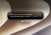 A dark pill-shaped Siri interface displays a scientific query over an abstract beige background.