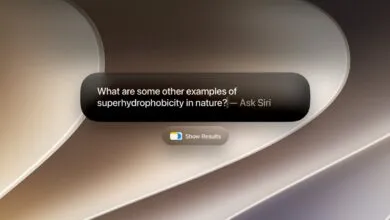 A dark pill-shaped Siri interface displays a scientific query over an abstract beige background.