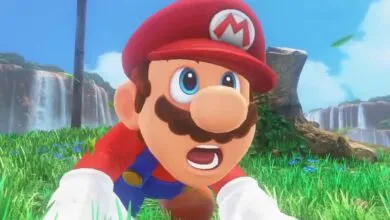 Mario looks shocked with wide eyes and open mouth on a grassy plain in Super Mario Odyssey.