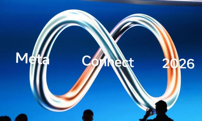 Meta Connect 2026 event logo featuring a glowing metallic infinity symbol on blue background