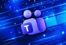 Microsoft Teams logo centered on a vibrant blue digital background with glowing light streaks.