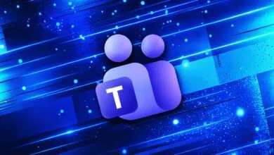 Microsoft Teams logo centered on a vibrant blue digital background with glowing light streaks.