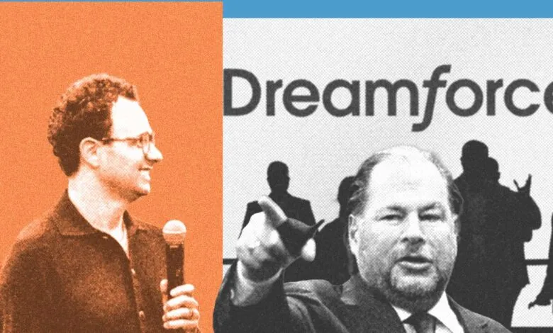 Tech leaders Marc Benioff and Dario Amodei speaking at a conference about AI at Dreamforce.