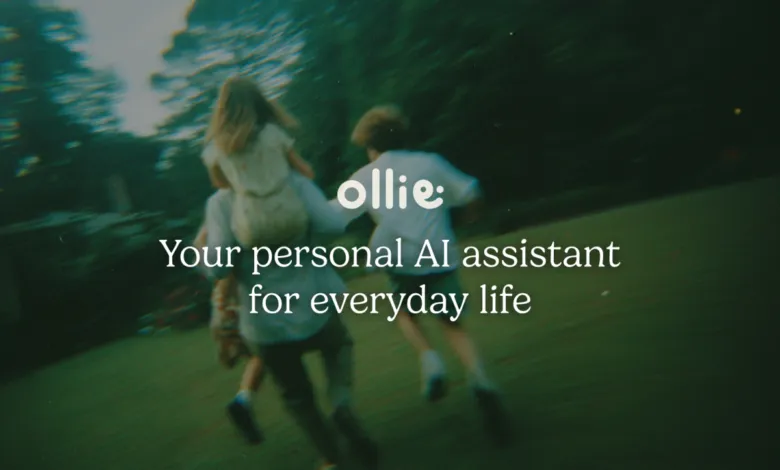 Children running joyfully through a green park with motion blur and the Ollie AI text overlay