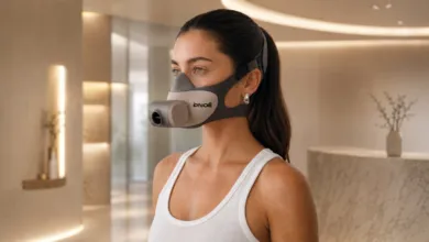 A woman wearing a sleek PNOE metabolic analysis mask in a modern, well-lit interior space.