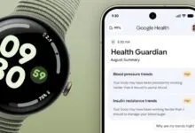 Google Pixel Watch with a green band next to a smartphone showing the Google Health app dashboard.