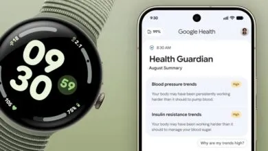 Google Pixel Watch with a green band next to a smartphone showing the Google Health app dashboard.