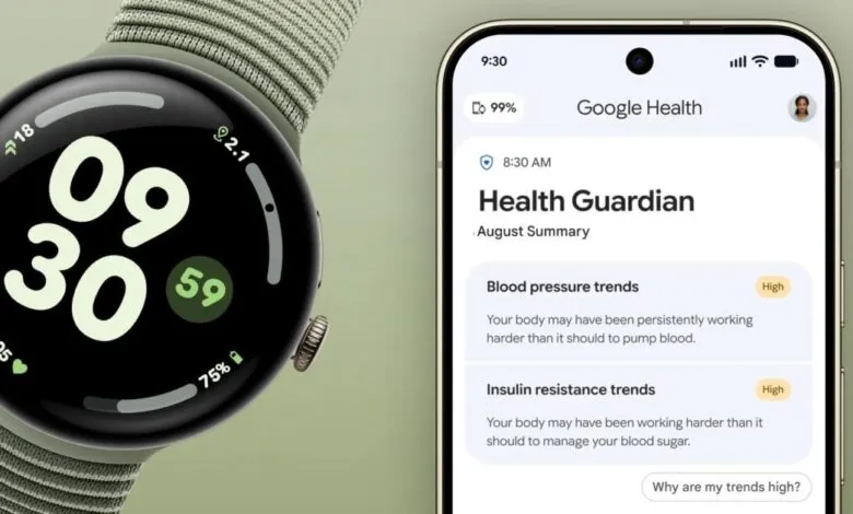 Google Pixel Watch with a green band next to a smartphone showing the Google Health app dashboard.