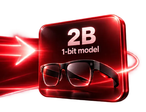 A pair of smart glasses displayed on a glossy red background with the text 2B 1-bit model.