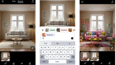 Screenshots show an AI room restyling app transforming a neutral living room into a vibrant space