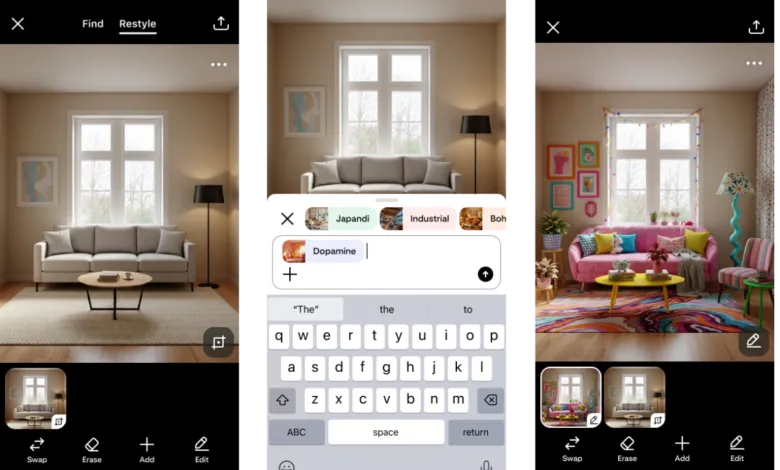 Screenshots show an AI room restyling app transforming a neutral living room into a vibrant space