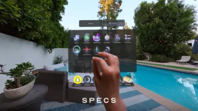 A hand interacts with a virtual reality home menu floating by a swimming pool.