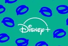 Disney Plus logo on a vibrant teal background with repeating blue scribble circle patterns.